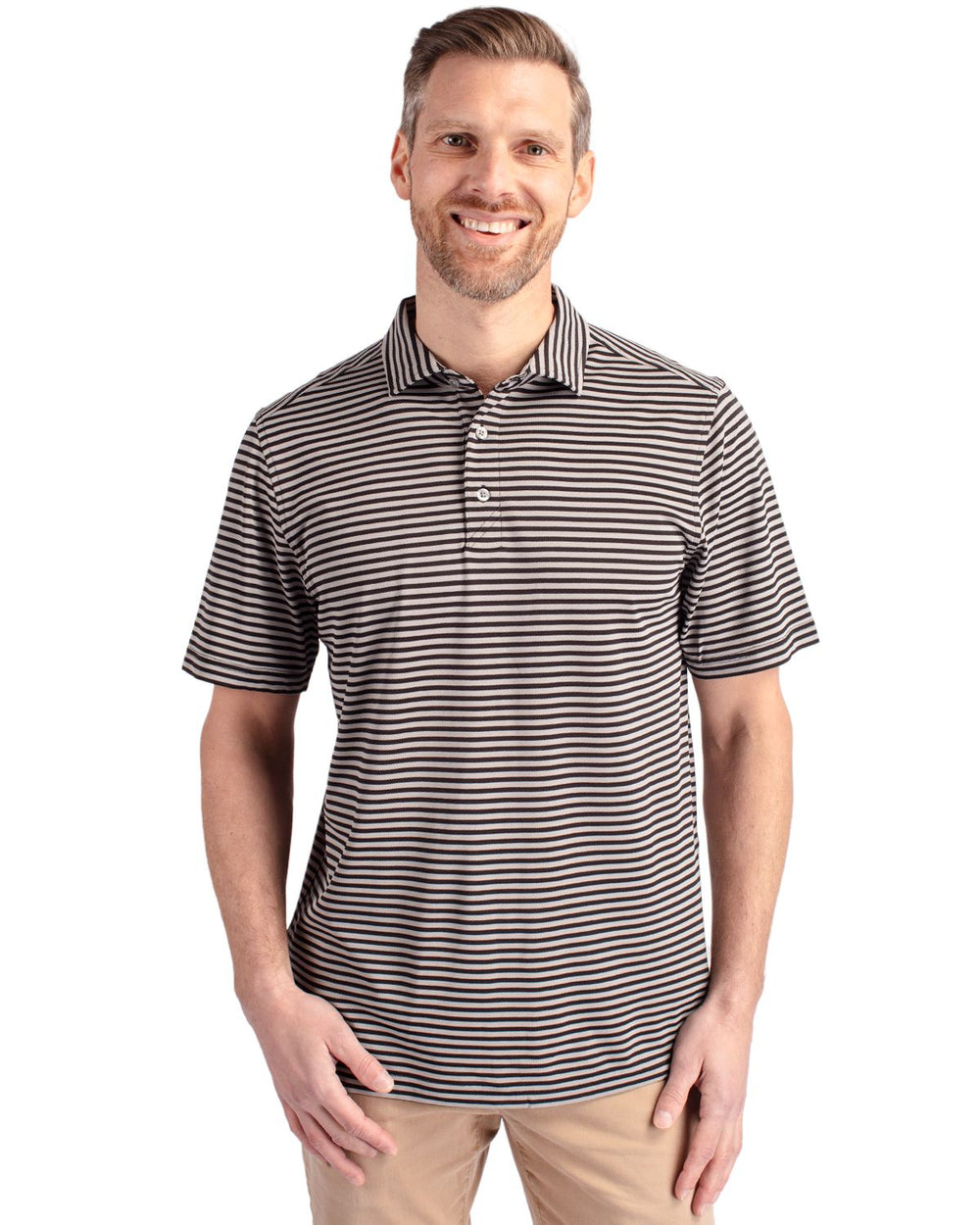 model shot of the virtue stripe polo in black and grey. 