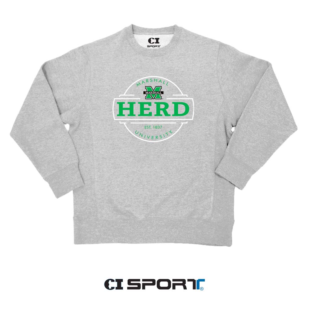 flat lay photo of a grey long sleeve sweatshirt with a circular Marshall "the Herd" design