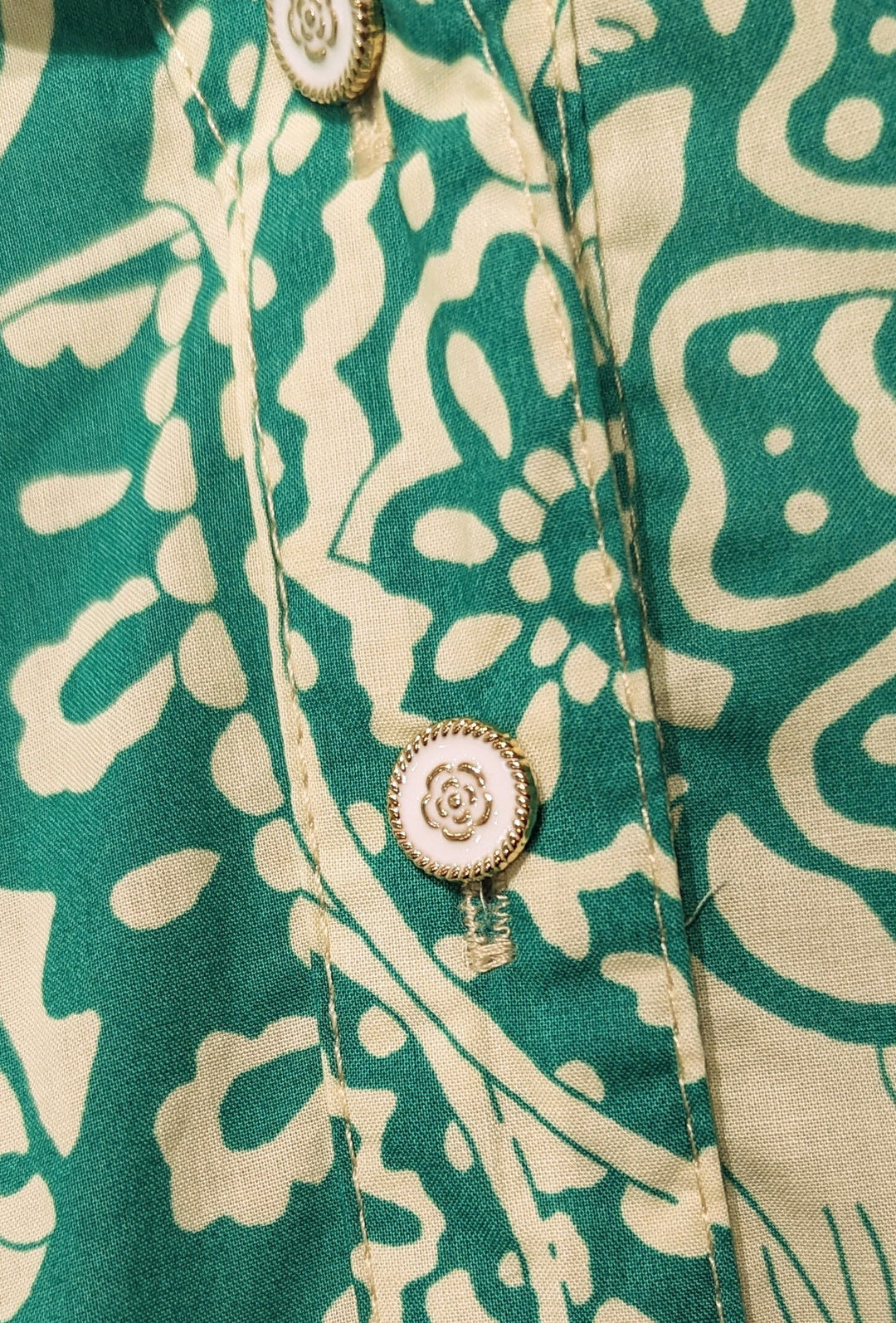 a close up of the pretty buttons on the floral shift dress
