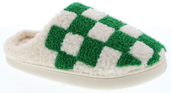 a closer view of the checkered fuzzy slipper