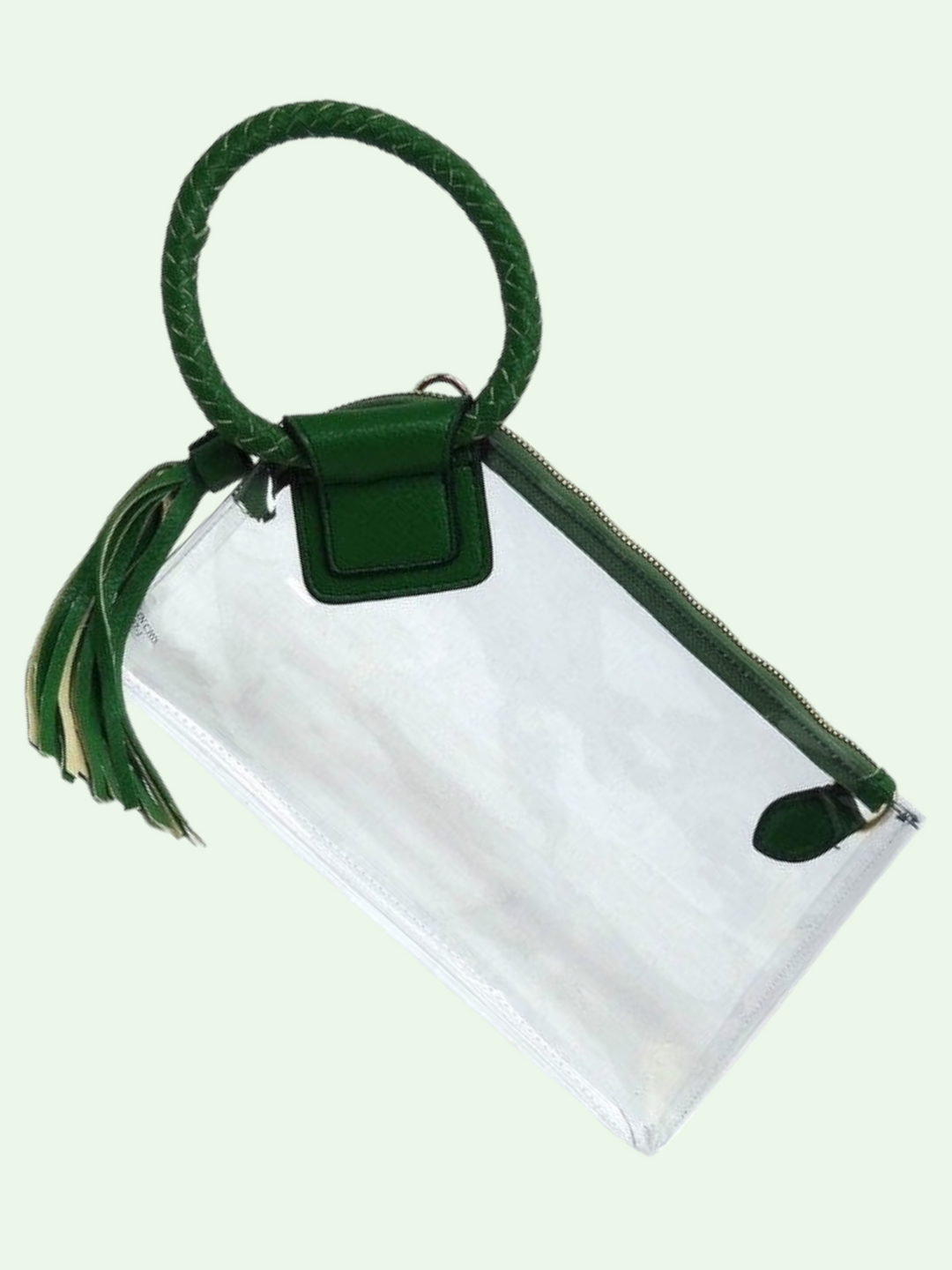 studio shot of the clear cuff handle bag