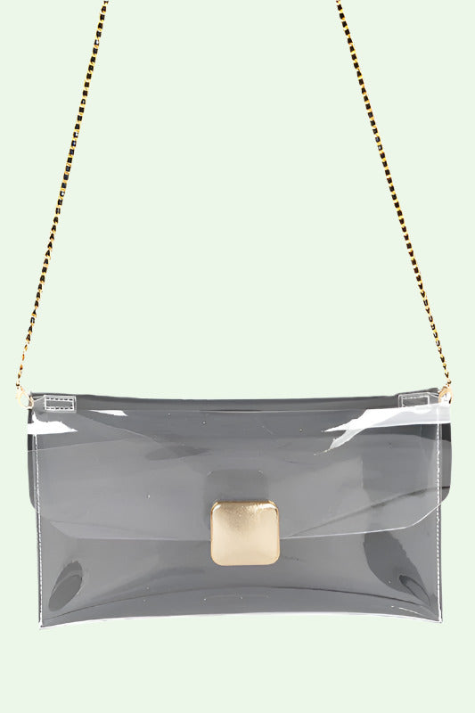 Clear handbag with gold chain strap and gold clasp on a white background