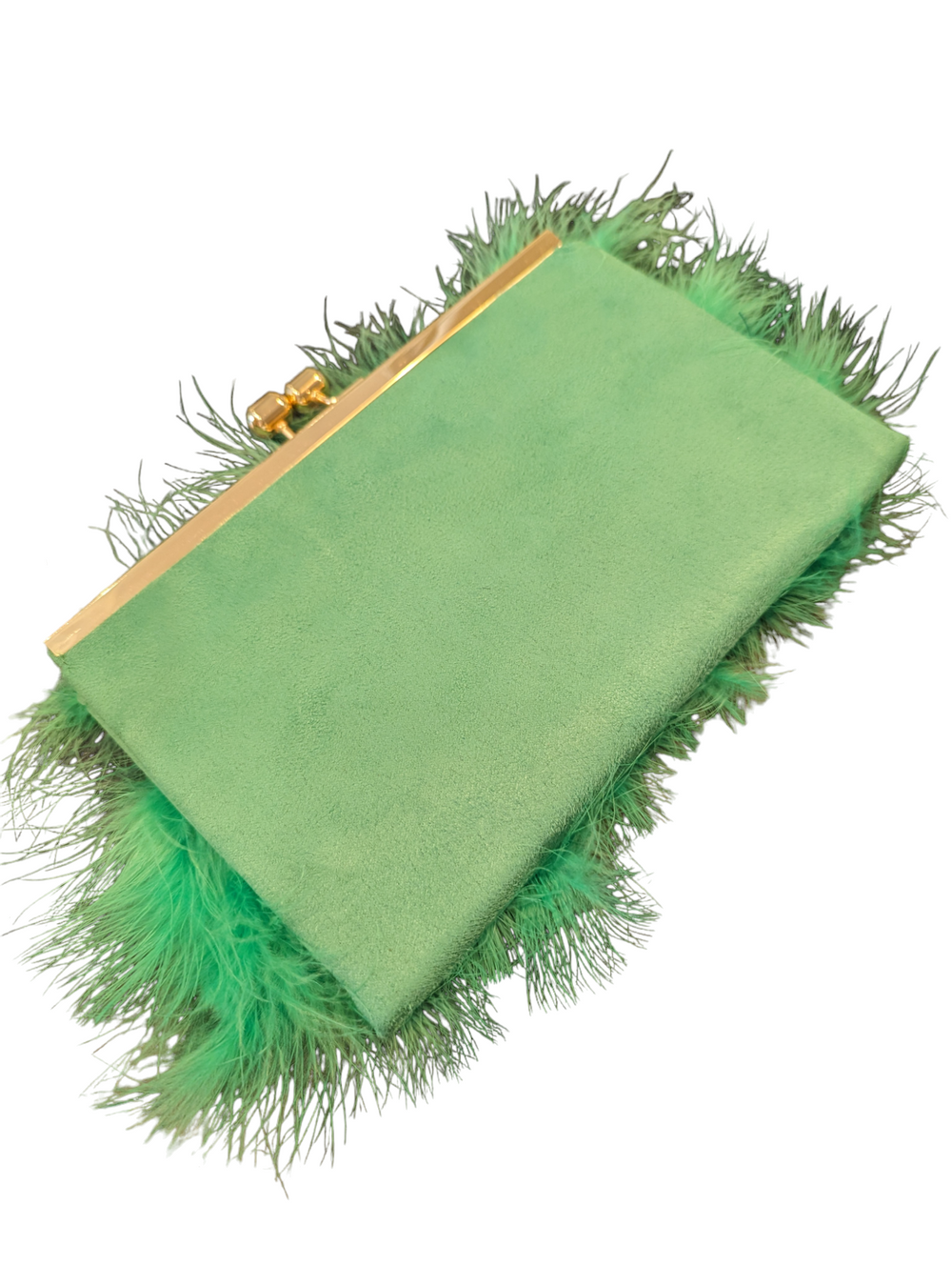 a shot of the back of the feather clutch that shows us the soft green fabric