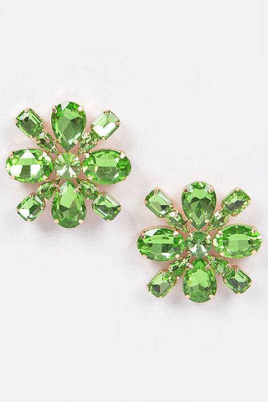 close up of the floral rhinestone earrings 