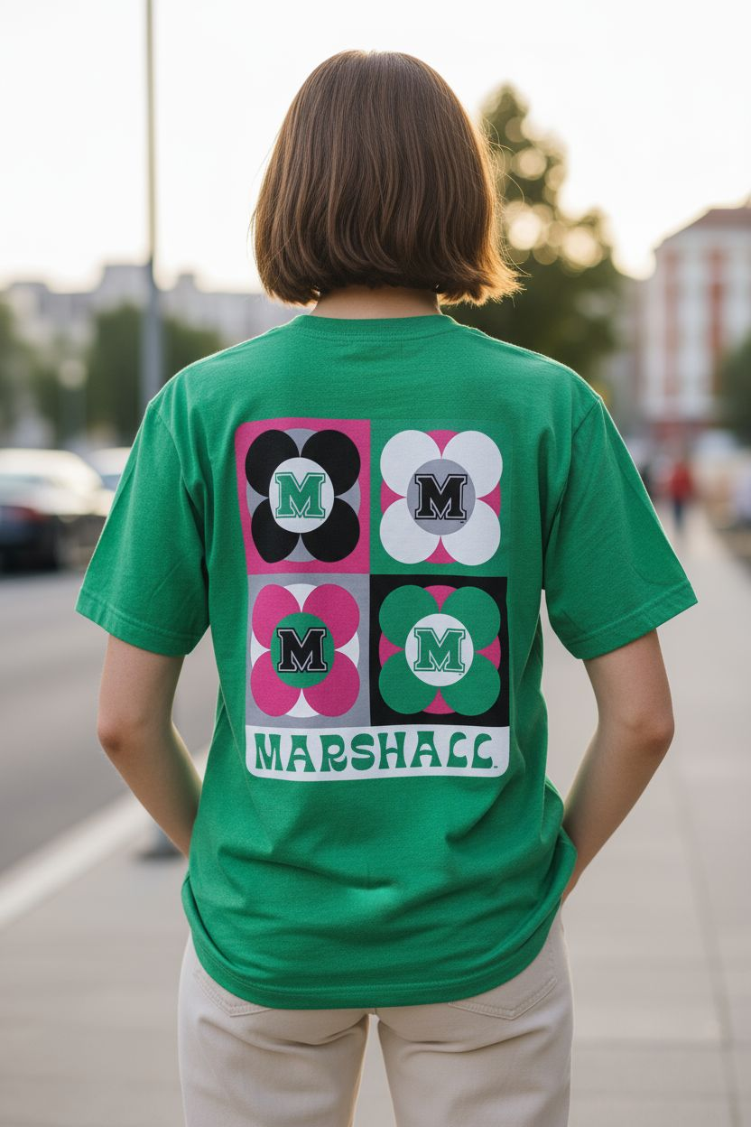 Person wearing a green t-shirt with 'Marshall' design on the back, standing outdoors.