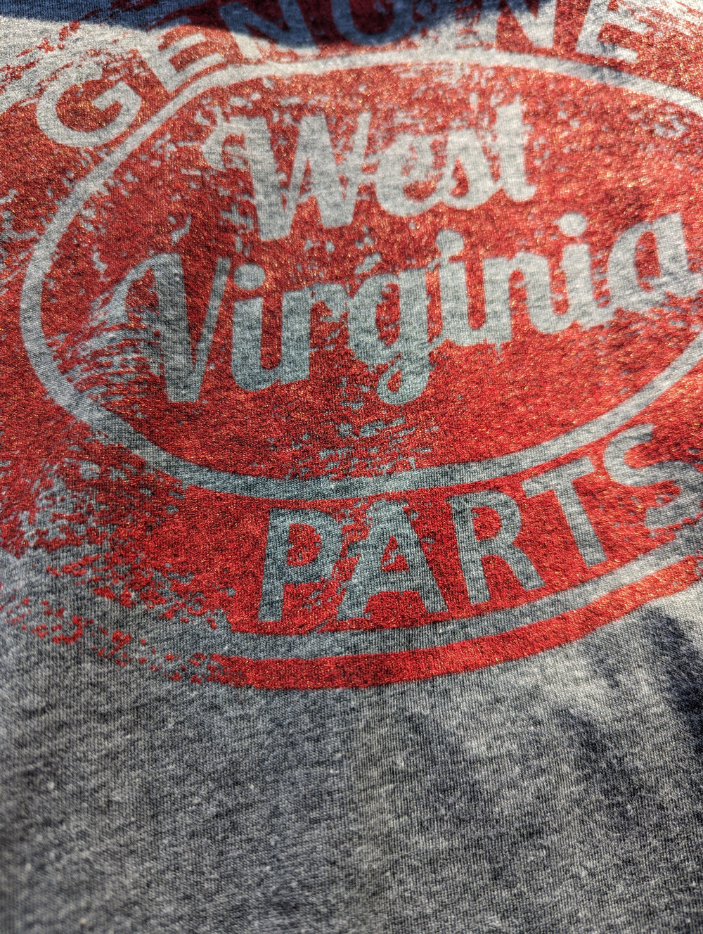 a close up of the screenprinted logo on the garage tee