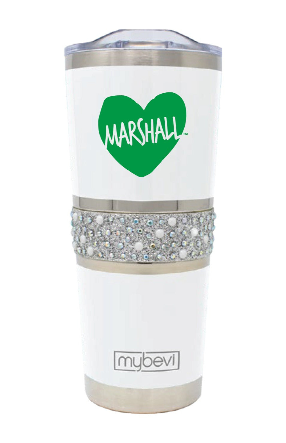 a tall, white metal tumbler with a ring of rhinestones around the center and a heart design with Marshall through the middle.