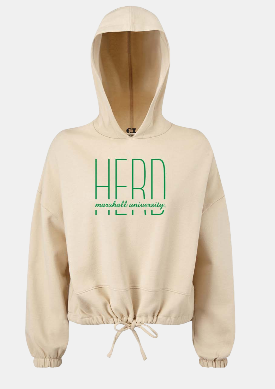 3d mock up of a nude-toned hoodie with HERD Marshall University on the front