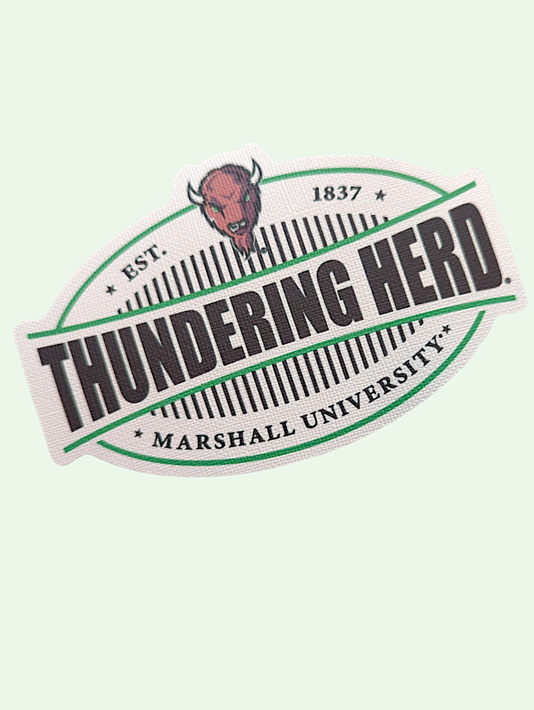 the marshall thundering herd sticker has stripes and a marco head