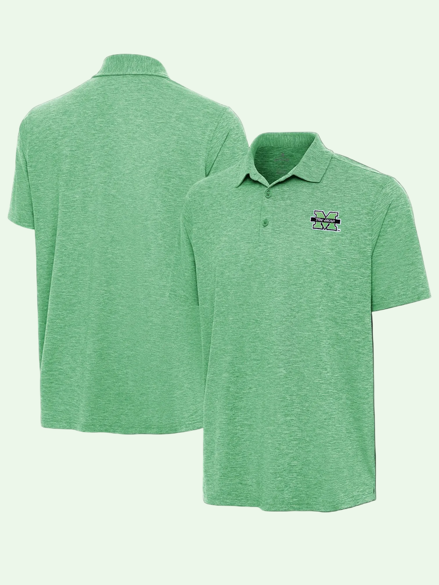 Green polo shirt with a logo on the chest, shown from front and back views.