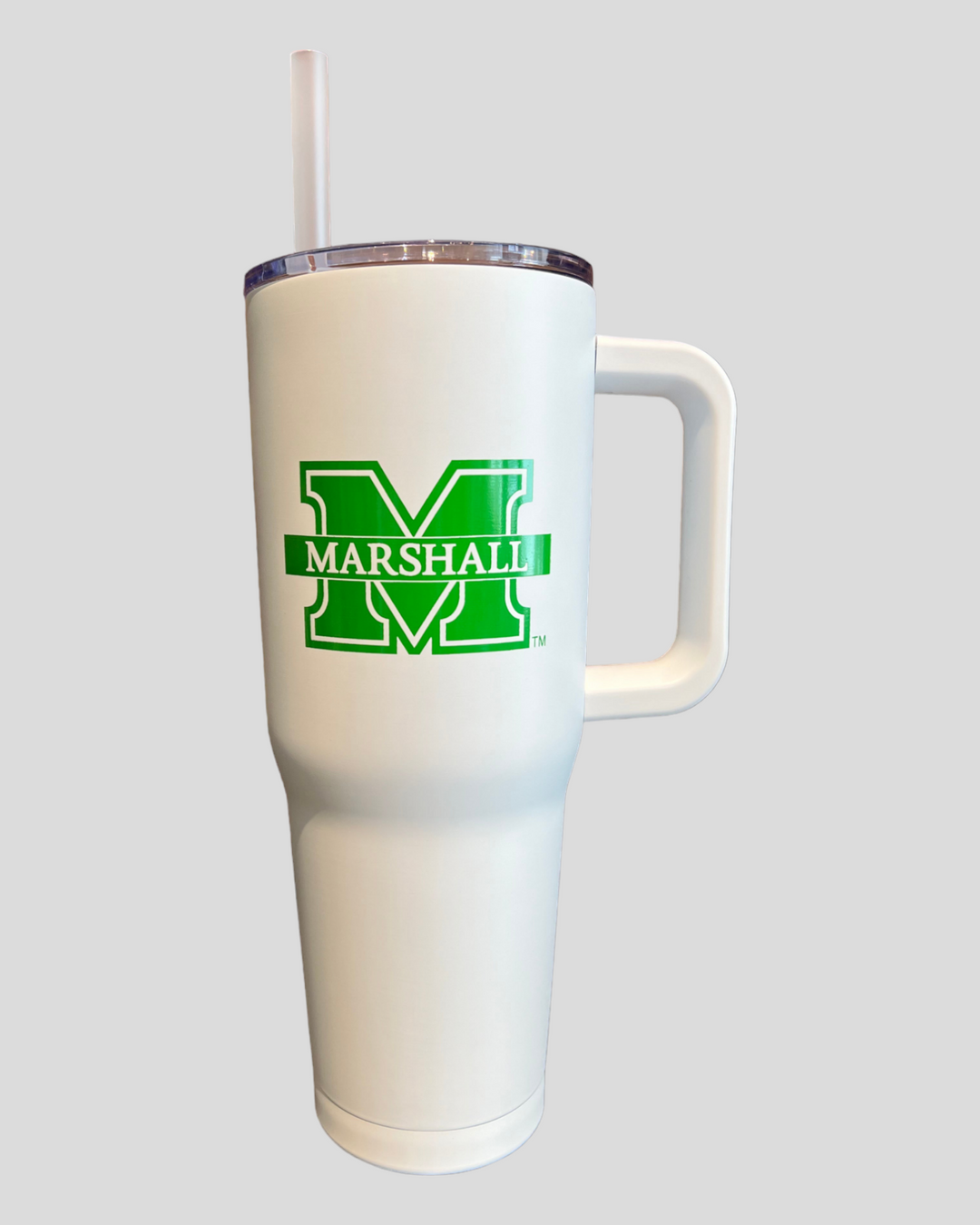 the large white tumbler iwth a handle and a marshall M logo and a straw