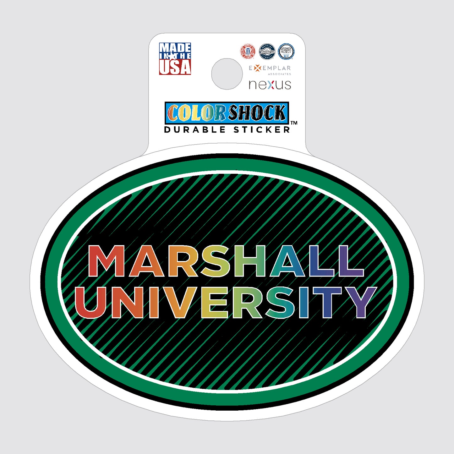 Marshall University sticker with Color Shock branding on a gray background
