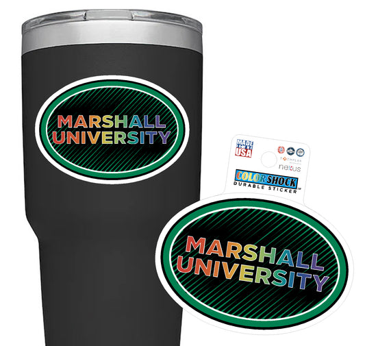 Black tumbler with Marshall University logo and Color Shock sticker