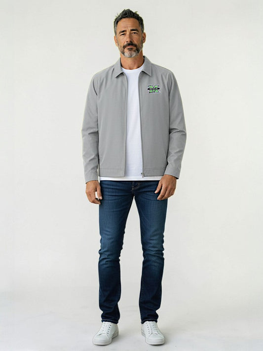 Man wearing a gray jacket with a logo, white t-shirt, blue jeans, and white sneakers on a white background