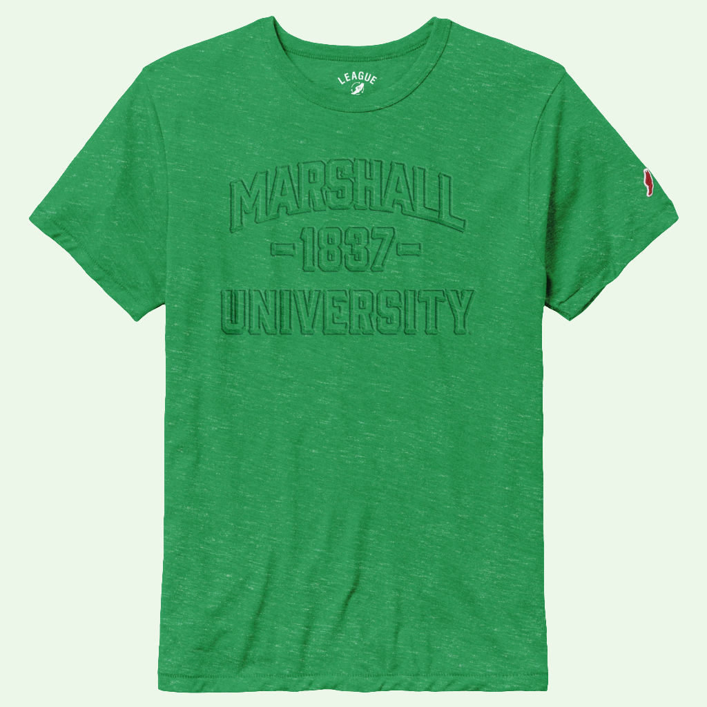 Green t-shirt with 'Marshall University' text on a light green background