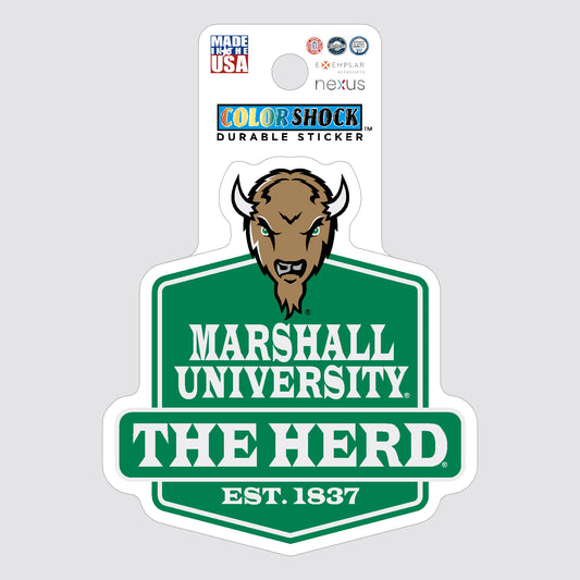 Marshall University sticker with logo on a gray background
