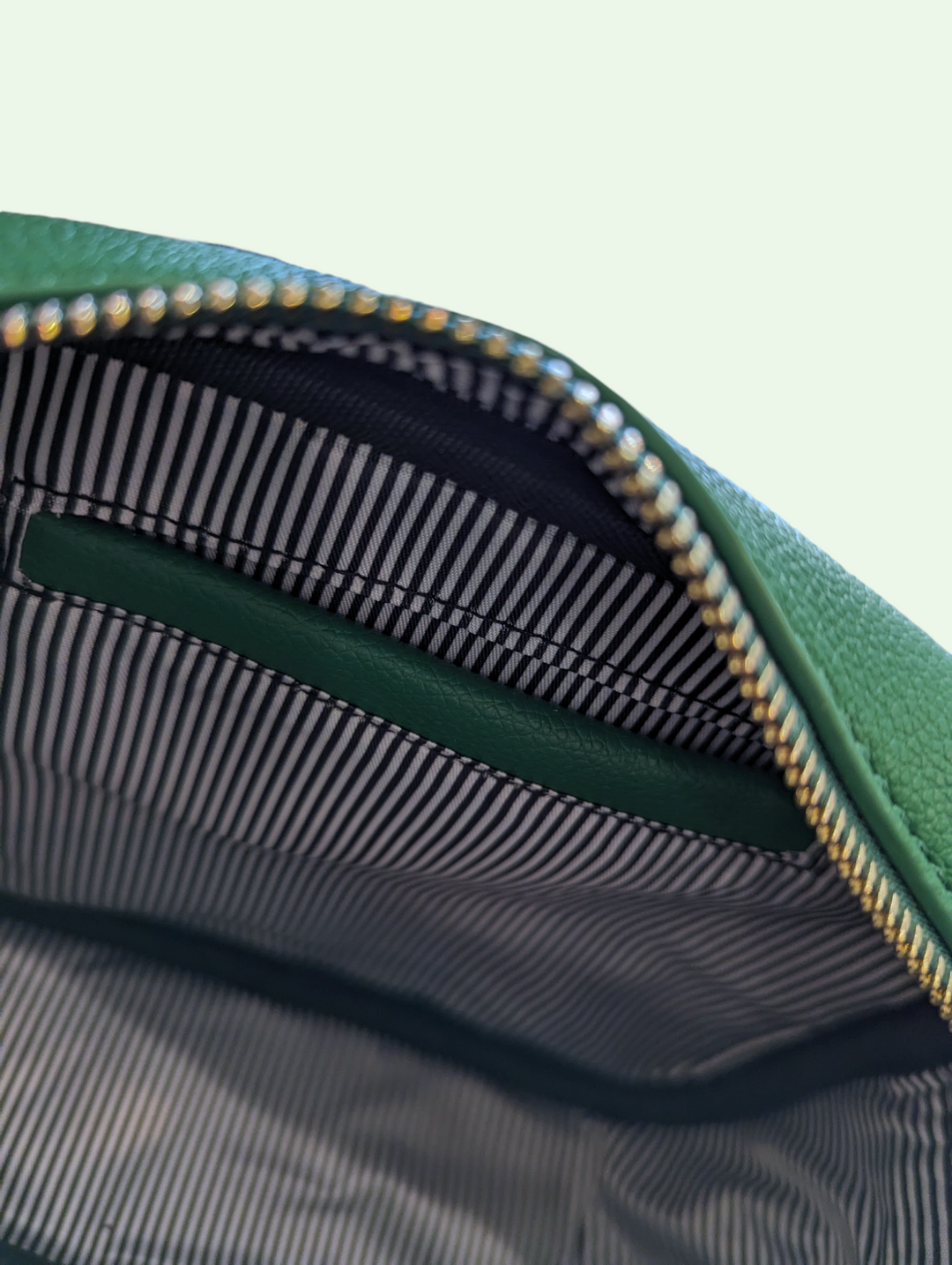 an interior view of the tassel camera bag showing us the stripe lining and the slip pocket