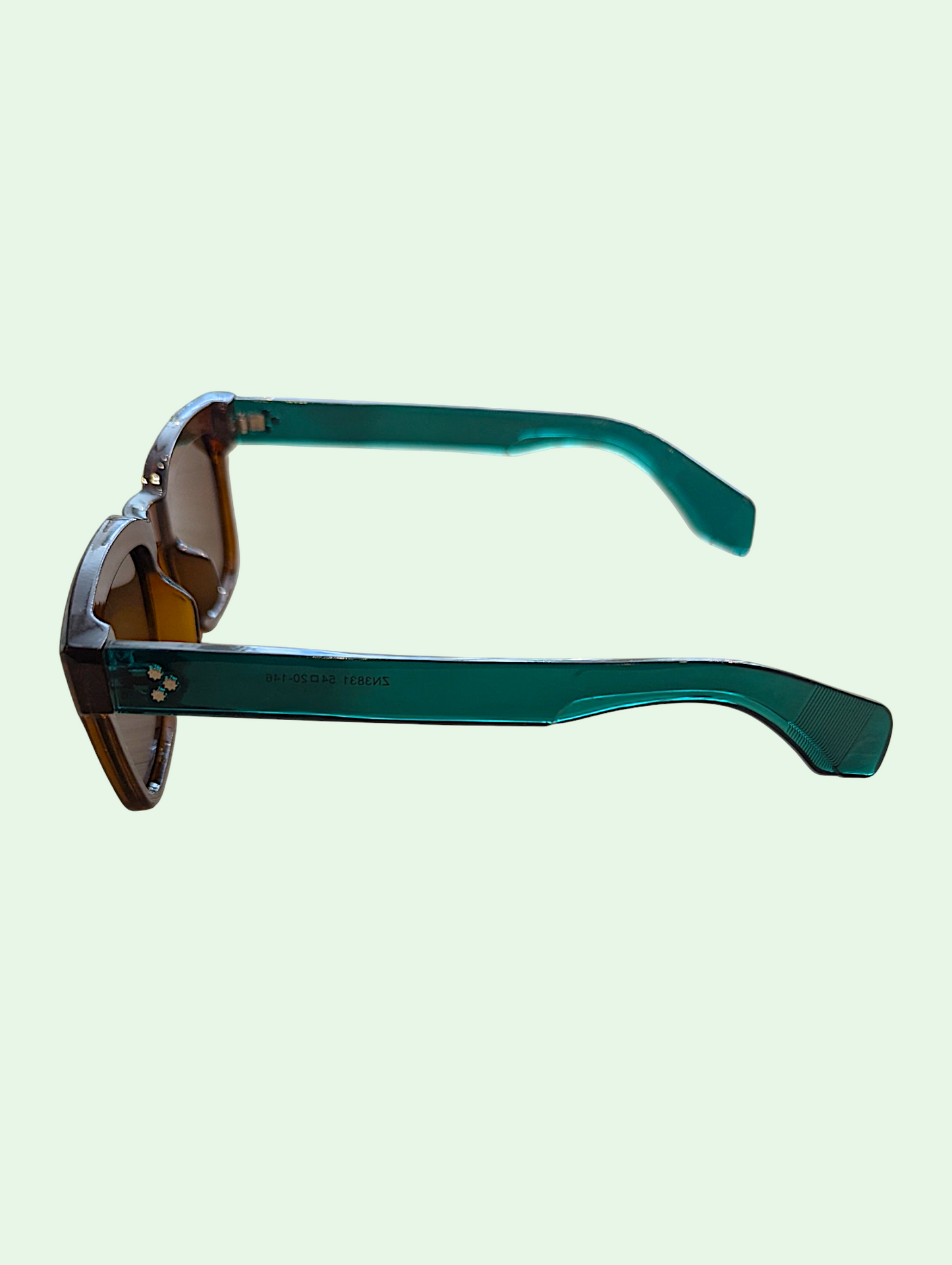 Sunglasses with green frame and brown lenses on a light green background