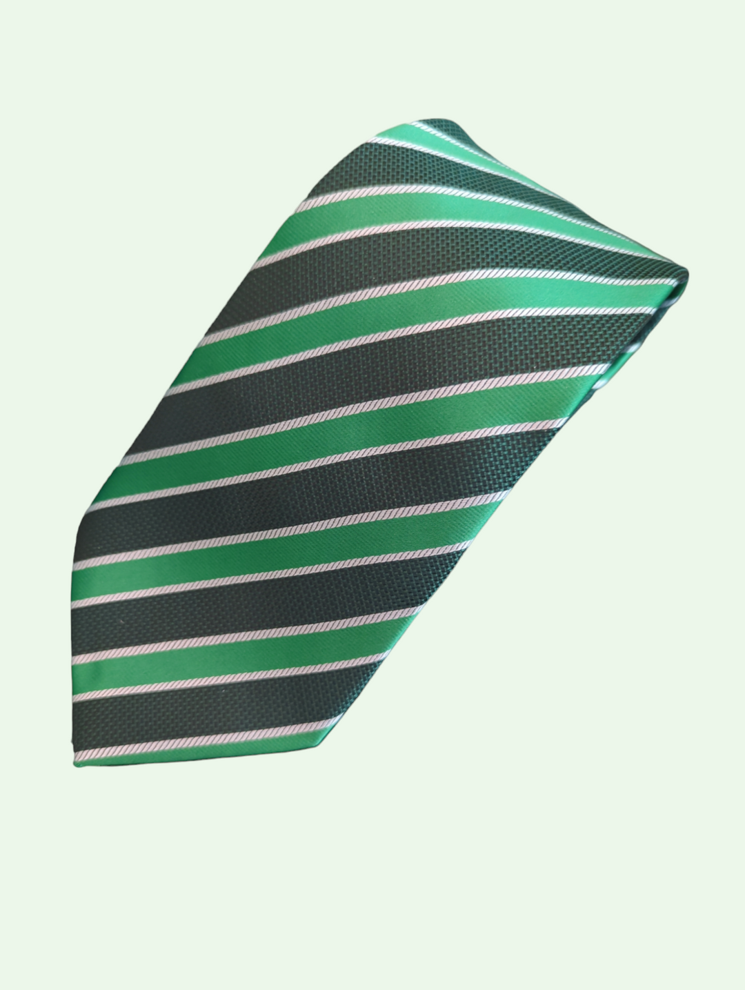a studio shot of the jacquard stripe tie with its alternating kelly, olive and white stripes