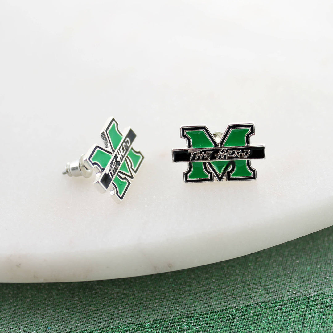 Silver plated stud earrings with green and black enamel featuring the Marshall logo. Laying in white background