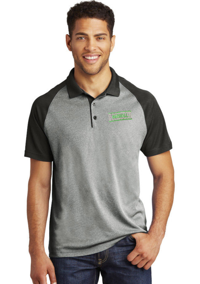 the cassia polo in black and grey with an embroidered marshall logo on the left chest