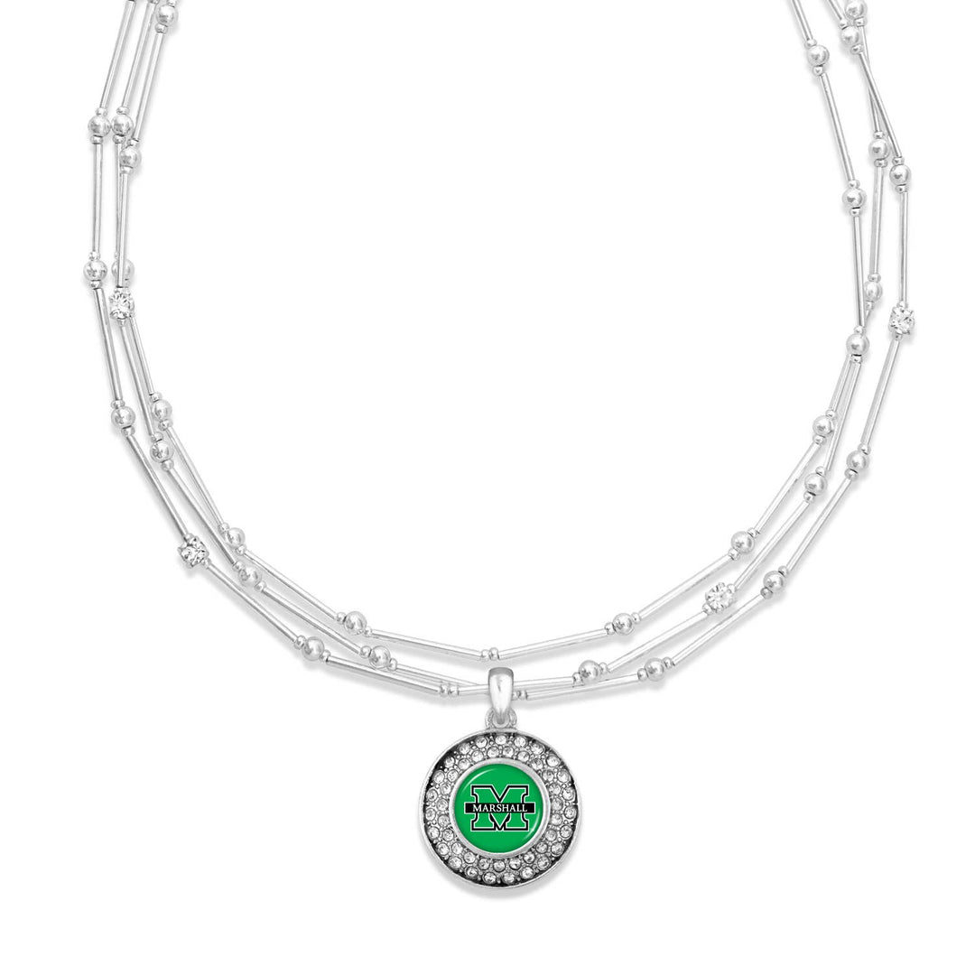 a necklace with liquid silver beads separated by round silverbeads with a pendant of the marshall logo surrounded by rhinestones