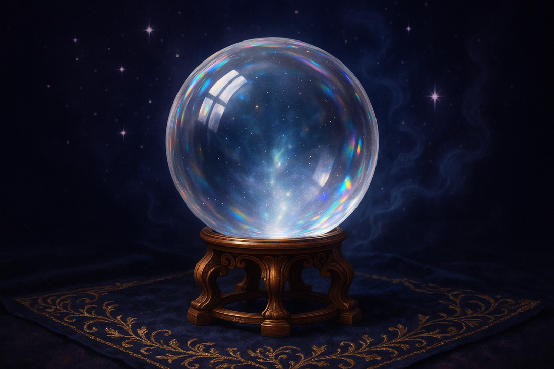 a crystal ball on a gold stand on a blue patterned rug. like i really need one of these