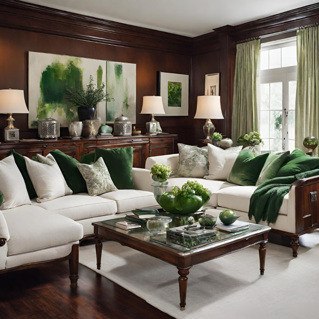a living room with polished wood walls, low white upholstered furniture and green accents