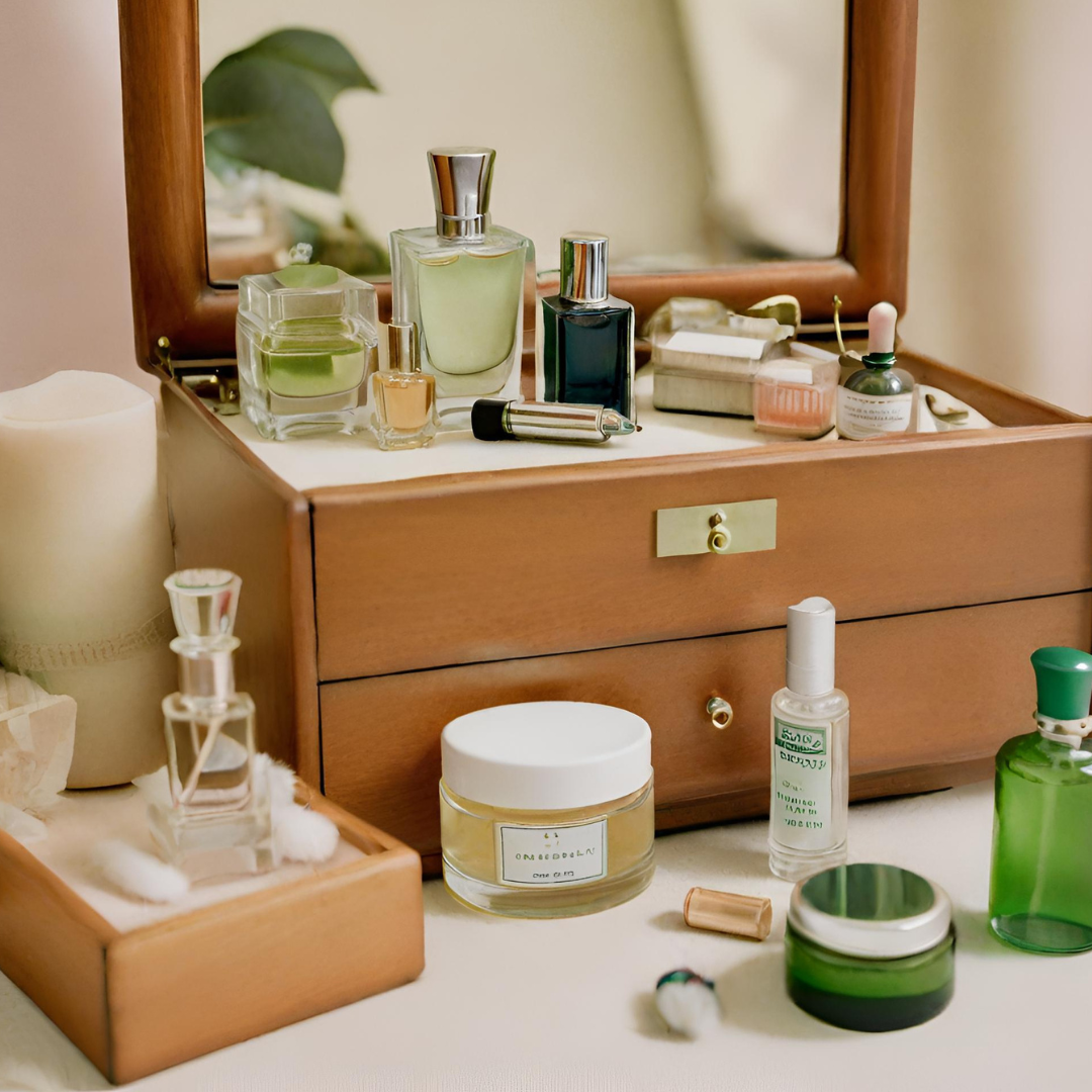 a dressing table with a mirror and a selection of perfumes and cosmetics