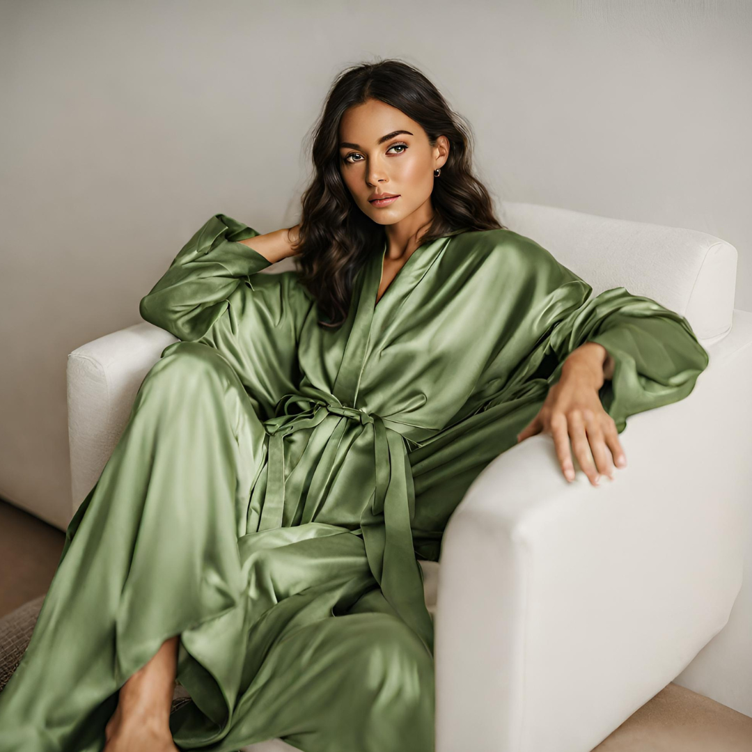 a dark haired woman in a green satin robe sits in a white chair