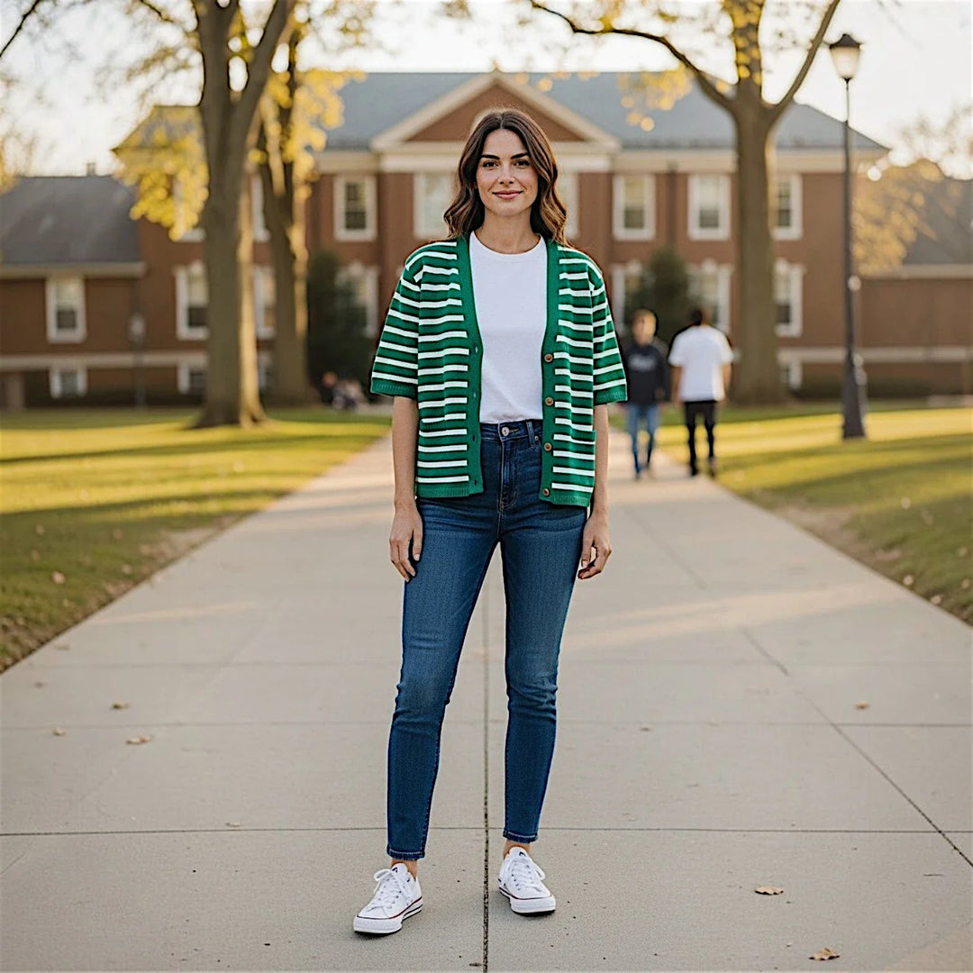 woman in the green puff sweater standing on a path with a city in the background