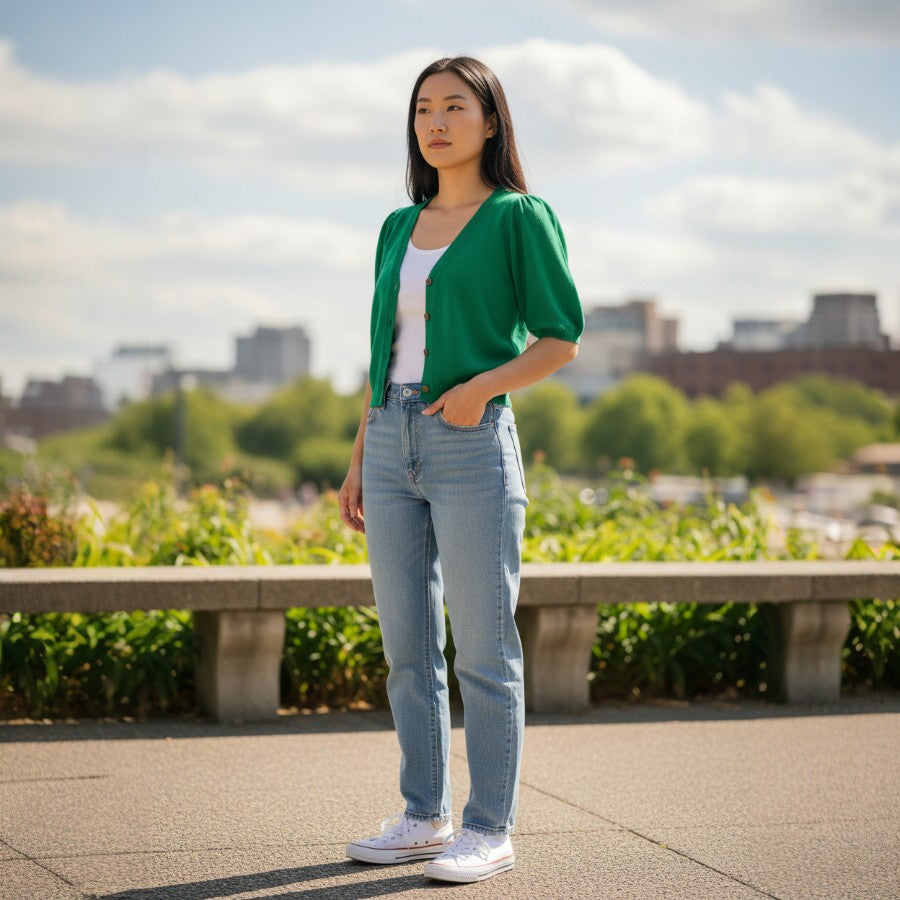 woman in the green puff sweater standing on a path with a city in the background