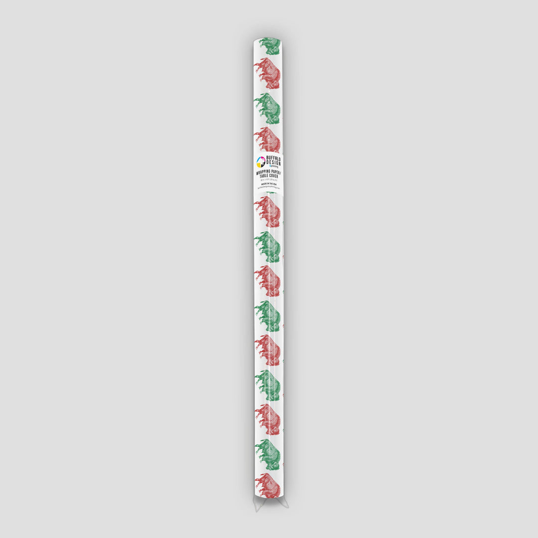 view of the rolled tube of red and green buffalo print paper