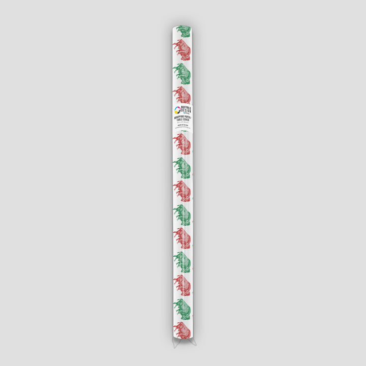 view of the rolled tube of red and green buffalo print paper