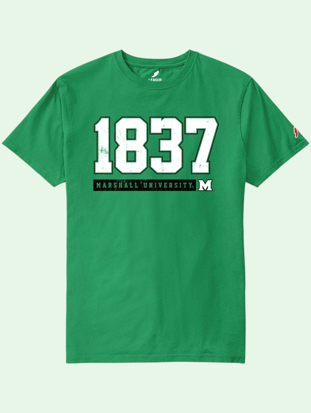 a green short sleeve tee shirt on a light green background that says 1837 marshall university on it
