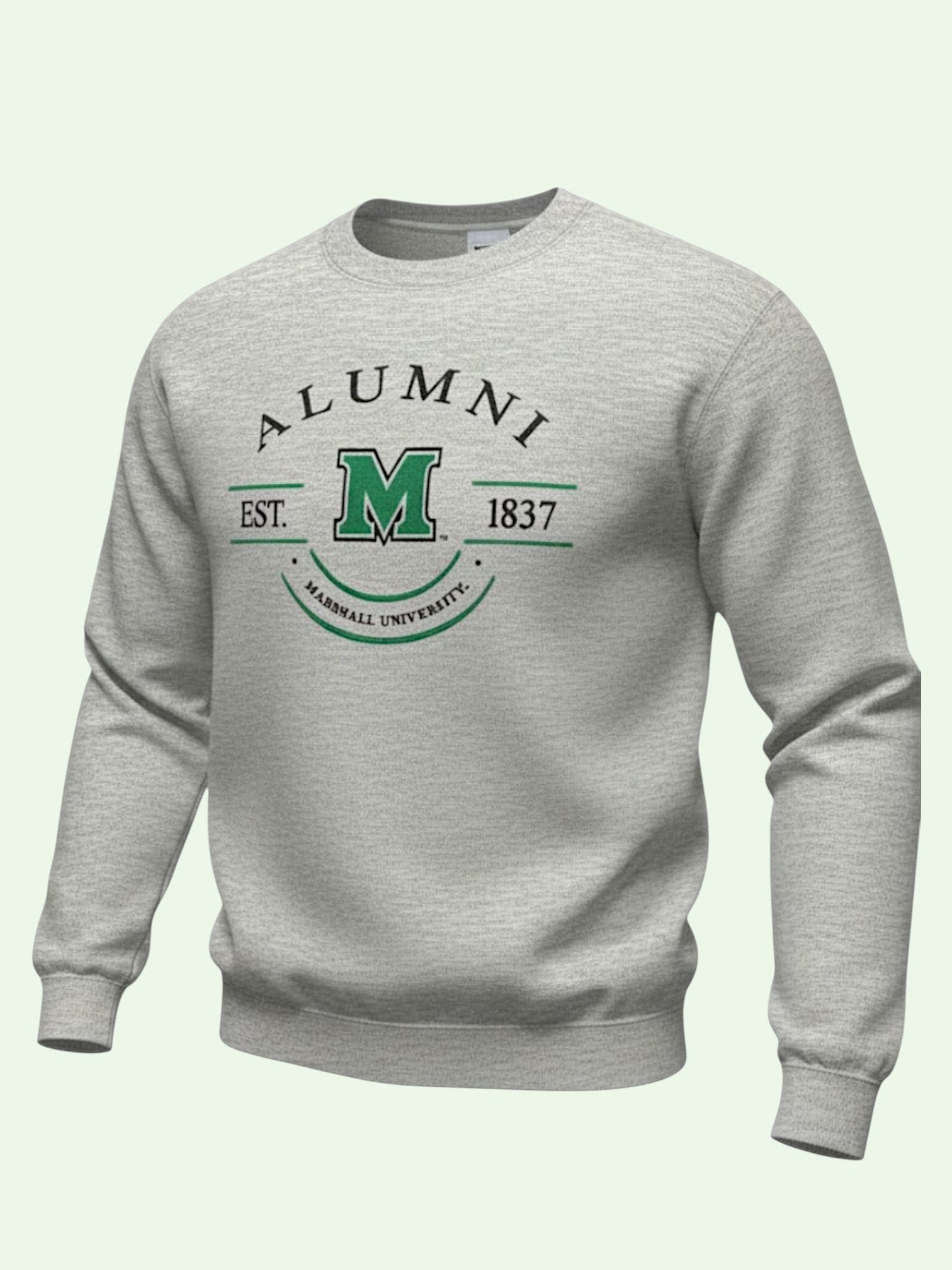 Gray sweatshirt with 'Alumni' and 'Marshall University' text on a light green background
