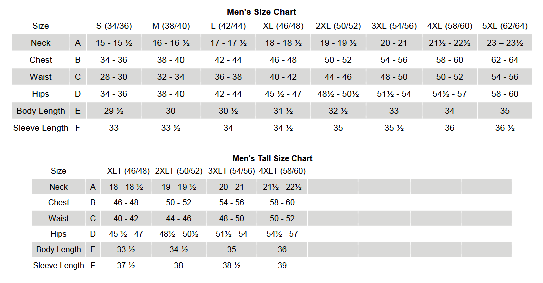 size chart for antigua garments