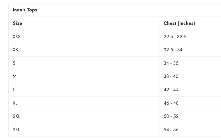 Size chart for men's tops showing chest measurements in inches.