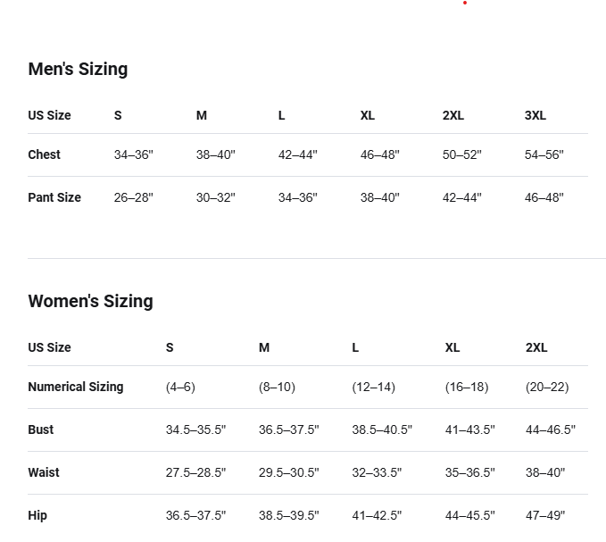 A size chart table showing Men's and Women's sizing with columns for US Size S, M, L, XL, 2XL, and 3XL, including chest and pant measurements for men and bust, waist, and hip measurements for women.