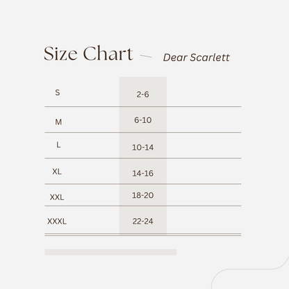 A size chart table for Dear Scarlett, showing size mappings from S to XXXL with corresponding numeric ranges on a light gray background.