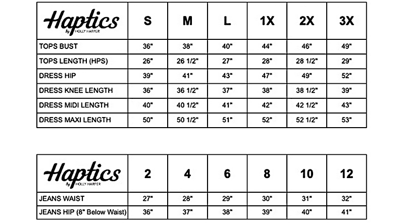 Size chart for Haptics clothing with measurements in inches and centimeters.