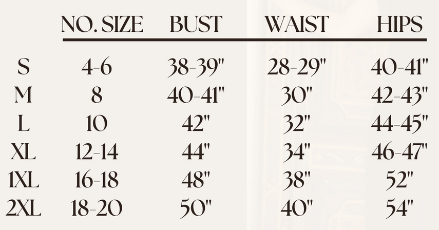 Size chart for clothing with measurements in inches