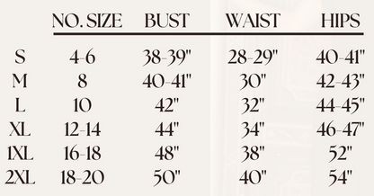 Size chart for clothing with measurements in inches