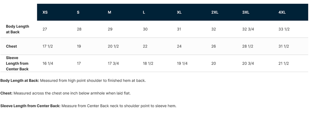 Size chart for clothing measurements with labels and measurements.