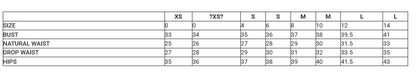 A size measurement chart table showing dimensions for sizes S through L, with columns labeled SIZE, X5, 7X5?, S, S, M, M, 12, L, and 14, plus rows for BUST, NATURAL WAIST, DROP WAIST, and HIPS.