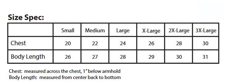 Size specification chart for shirts with chest and body length measurements.