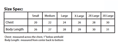 Size specification chart for shirts with chest and body length measurements.