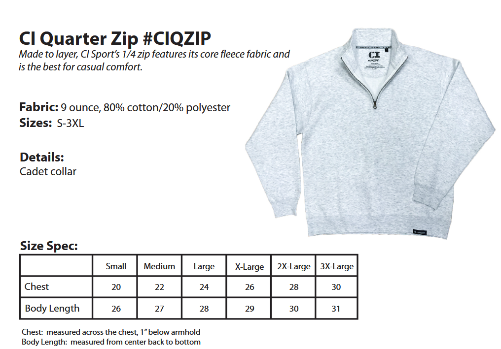 Gray quarter zip sweatshirt with product details on a white background