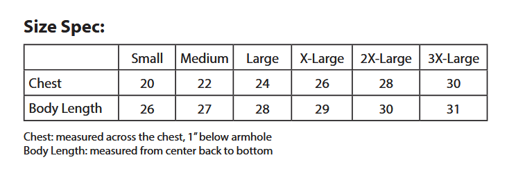 Size specification chart for clothing with chest and body length measurements.
