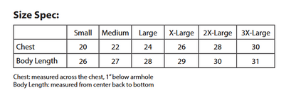 Size specification chart for clothing with chest and body length measurements.